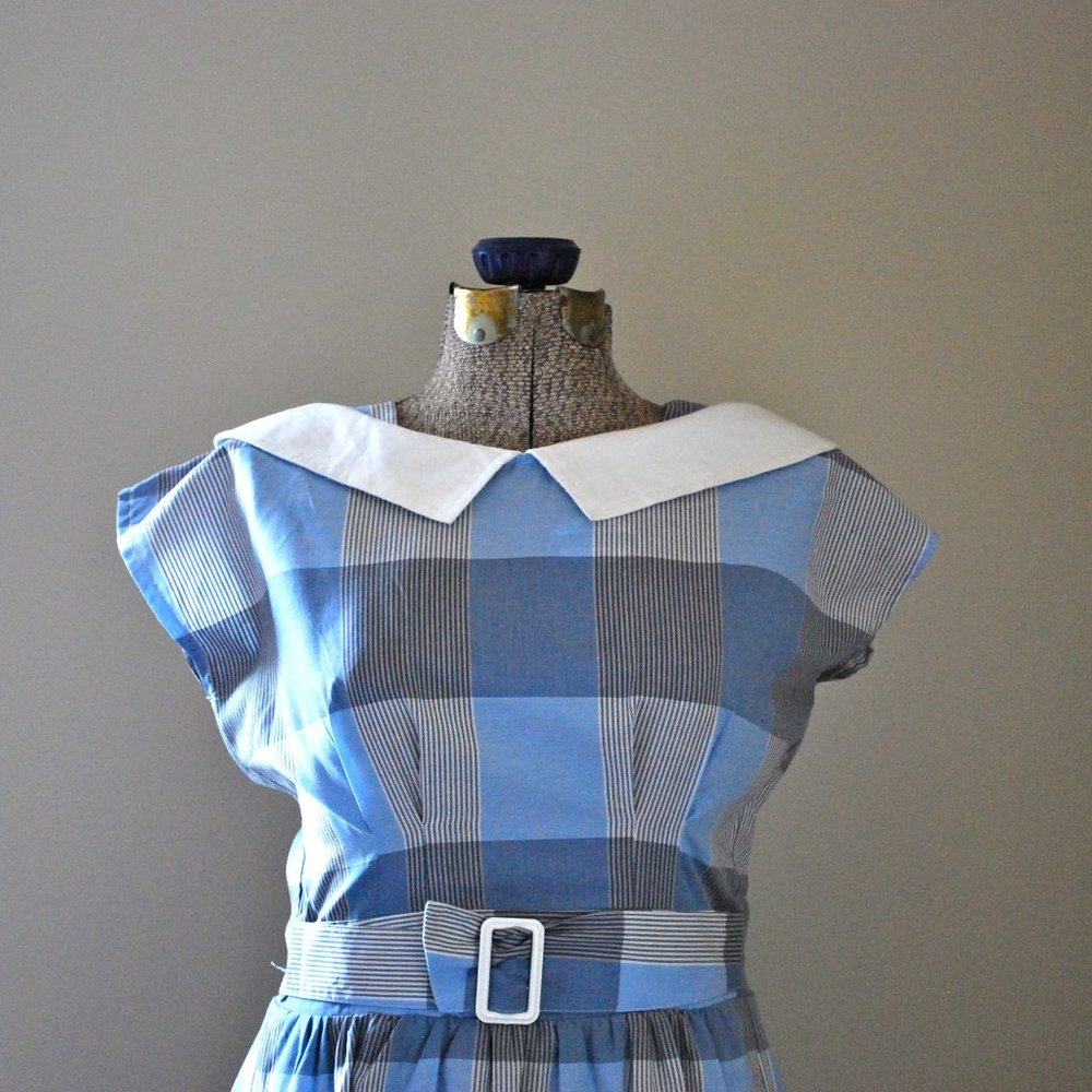Blue & grey plaid dress w/ sailor inspired collar